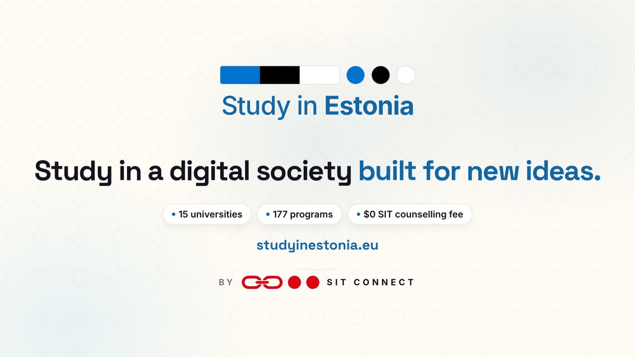 Promotional video about studying in Estonia: a student pass stamped admitted, six application steps completed one by one, and student cities in Estonia.